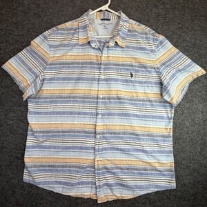 U.S. Polo Assn. Button Down Shirt Mens 2XL Blue Tan Striped Short Sleeve 11C443